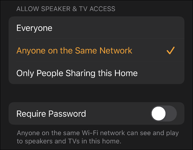  O menu "Permitir acesso ao alto-falante e à TV" no app Home para iOS.