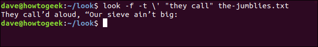 A saída de "look -f -t \ '" eles chamam de "the-jumblies.txt" em uma janela de terminal.