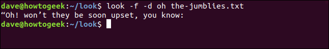 Saída de "look -f -d oh the-jumblies.txt" em uma janela de terminal.