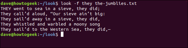 Saída de "look -f they the-jumblies.txt" em uma janela de terminal.