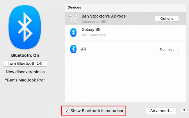 Clique na caixa de seleção ao lado de “Mostrar Bluetooth na barra de menus”.