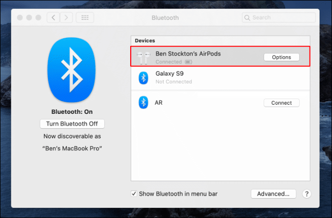 O menu "Bluetooth" no macOS.