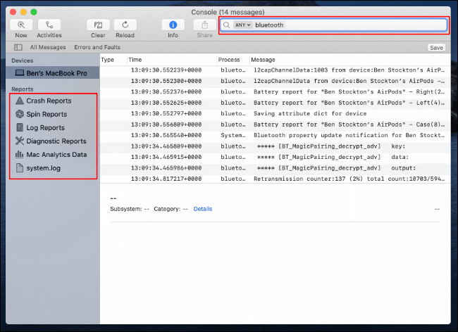 Clique em "Relatórios" ou digite "Bluetooth" na barra de pesquisa para ver as entradas relevantes no log.