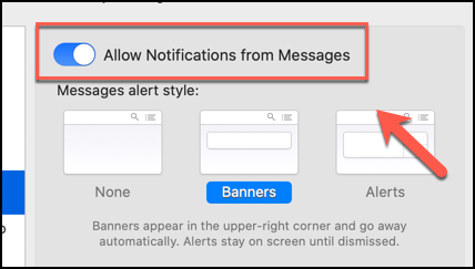 Clique no controle deslizante "Permitir notificações de mensagens" para desativar todas as notificações do aplicativo Mensagens no macOS