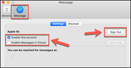 Clique em Sair ou desmarque todas as caixas de seleção relevantes para desativar o aplicativo Mensagens no macOS
