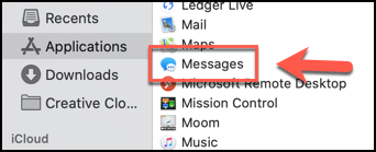 Inicie o aplicativo Mensagens da pasta de aplicativos no Finder