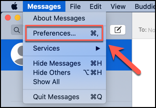 Clique em Mensagens> Preferências para acessar o menu de preferências do aplicativo Mensagens no macOS