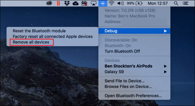 Clique no ícone Bluetooth, selecione “Debug” e, em seguida, clique em “Remover todos os dispositivos”.