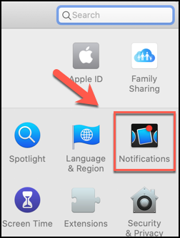 Clique em Notificações no aplicativo Preferências do Sistema