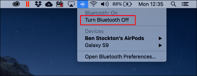 Clique no ícone Bluetooth e, em seguida, clique em “Desligar Bluetooth”. 