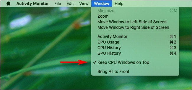 Clique em “Window” na barra de menu e, em seguida, clique em “Keep CPU Windows on Top”.