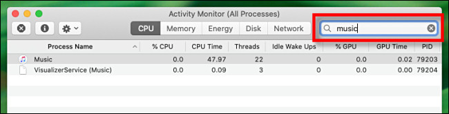 Use a caixa de pesquisa no Activity Monitor para pesquisar processos em um Mac.