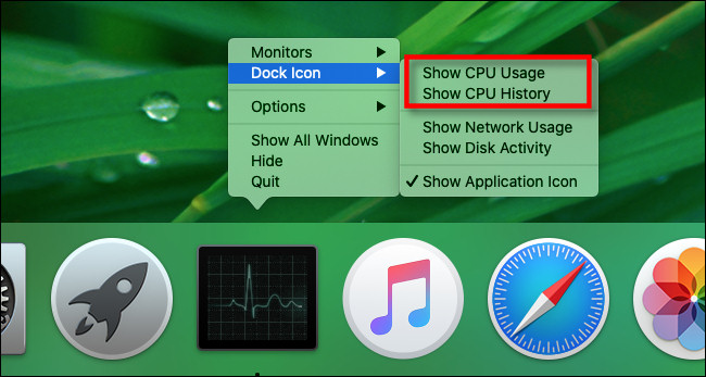 Opções de dock do monitor de atividades do Mac