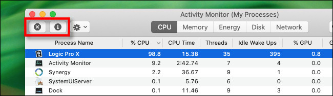 Os botões "parar" e "inspecionar" no Activity Monitor no Mac.