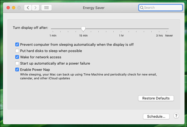 Painel de preferências de economia de energia das preferências do sistema Mac