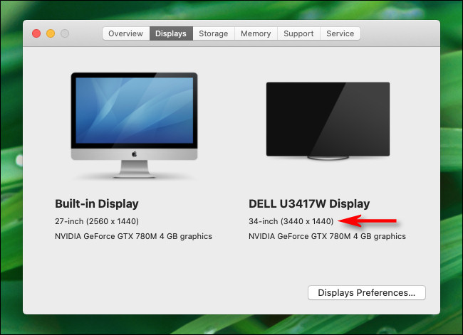 Na guia "Sobre este Mac" Monitores, você verá a resolução de seus vários monitores no Mac.