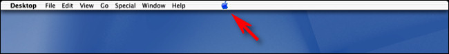O logotipo da Apple no centro da barra de menus do Mac OS X Public Beta.