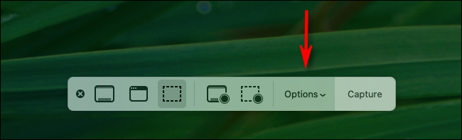 Clique no botão Opções na barra de ferramentas de captura de tela do Mac