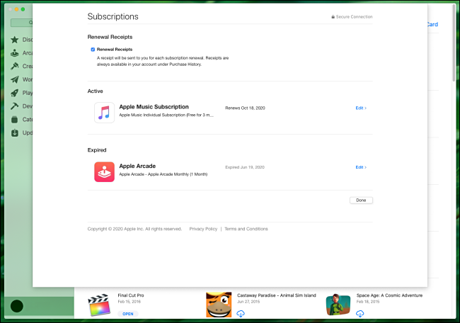 O menu "Assinaturas" na Mac App Store.