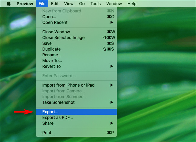 Na visualização no Mac, selecione "Exportar" no menu "Arquivo".