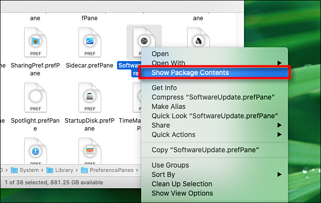 Clique com o botão direito no arquivo do painel de preferências e selecione "Mostrar conteúdo do pacote".