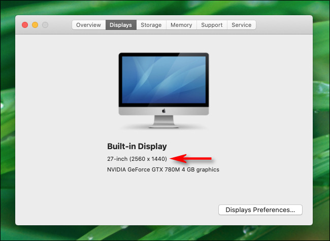 Na guia "Sobre este Mac" Monitores, você verá a resolução do seu monitor no Mac.