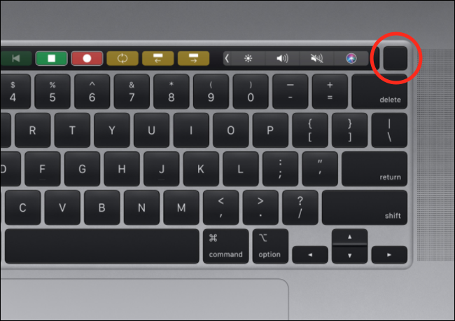 O botão Touch ID em um teclado MacBook Pro.