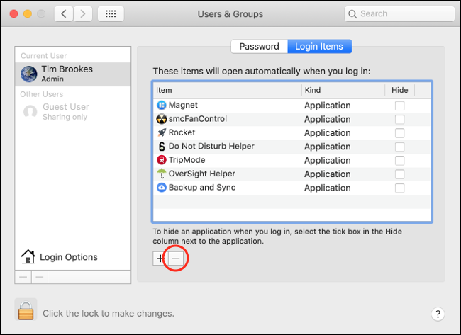 Clique no sinal de menos para remover aplicativos na guia "Itens de login".