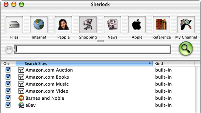 Uma janela de pesquisa do Sherlock no Mac OS X Public Beta.
