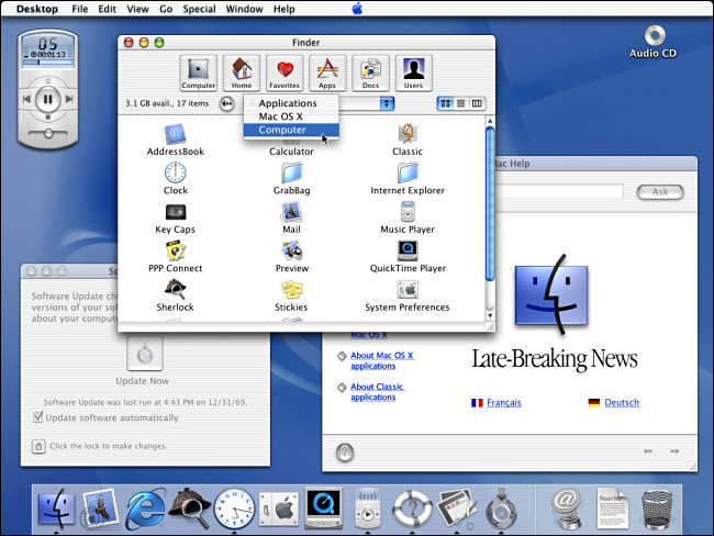 Vários menus são abertos em uma área de trabalho do Apple Mac OS X Public Beta.