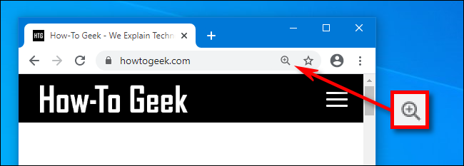 Ao usar o Zoom no Chrome, um ícone de lupa aparecerá na barra de endereço