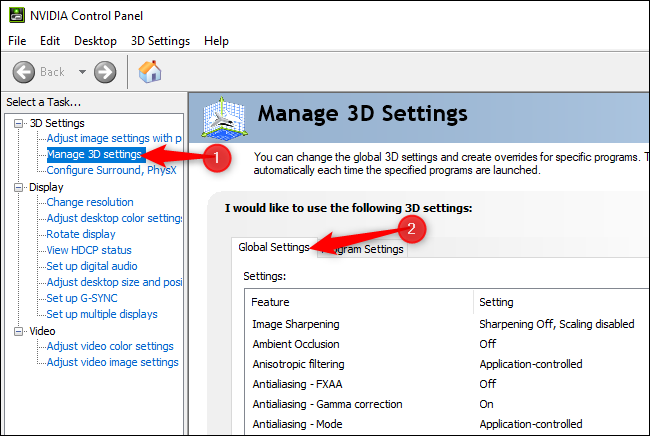 Gerenciamento de configurações 3D globais no Painel de controle NVIDIA