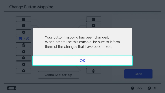 Confirmação de remapeamento do botão no Nintendo Switch