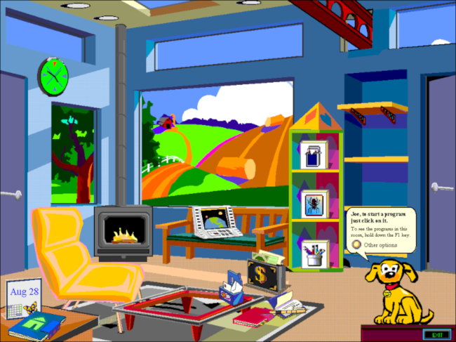 Área de trabalho da sala de um garoto Microsoft Bob.