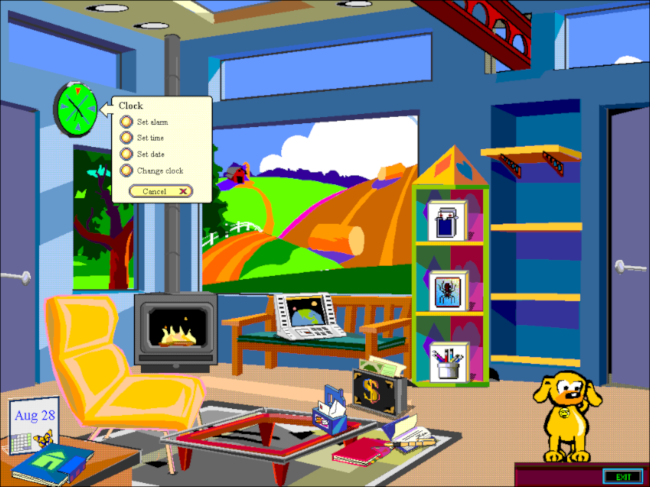 O menu "Relógio" na área de trabalho de uma sala do Microsoft Bob.