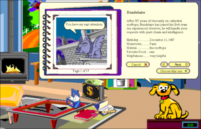 Rover, o cachorro, compartilhando informações sobre Baudelaire em um desktop da sala do Microsoft Bob.