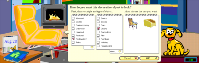 Menu de decorações de objetos do Rover no Microsoft Bob. 