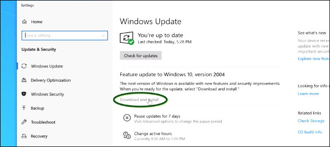 Instalando a atualização de maio de 2020 do Windows Update