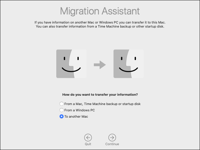 Selecione "Para outro Mac" no Assistente de migração.