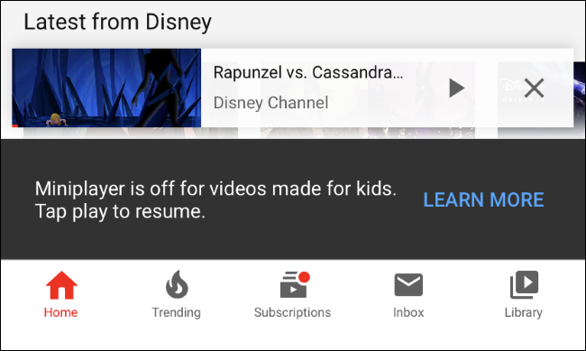 A mensagem "Miniplayer desativado para vídeos feitos para crianças" no aplicativo do YouTube para iPhone.