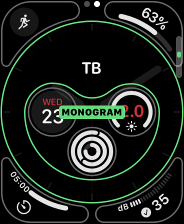 Uma complicação do monograma no Apple Watch.