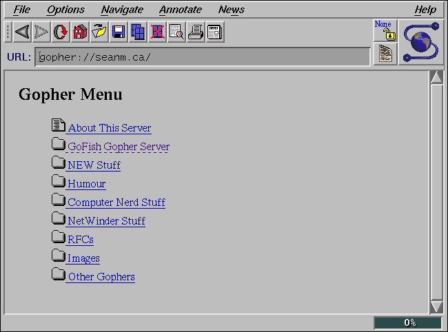 Um "Menu Gopher" no NCSA Mosaic.