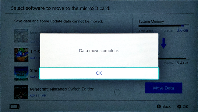 Transferência de dados concluída no Nintendo Switch