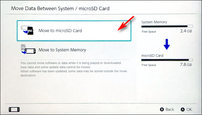 Selecione mover para cartão microSD no Nintendo Switch