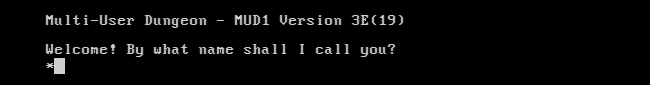 Uma tela de boas-vindas do MUD1 na janela do terminal.