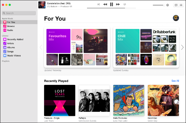 O menu "For You" do app Apple Music no macOS Catalina.