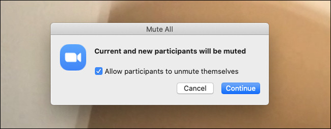 Caixa de diálogo de aviso de que todos os participantes serão silenciados no Zoom
