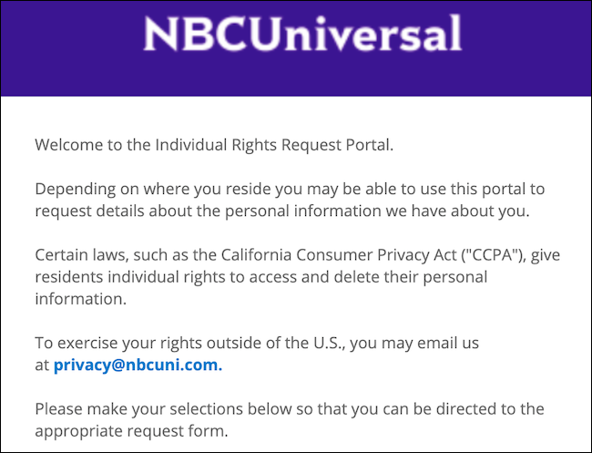 Portal de solicitação de direitos individuais NBCUniversal