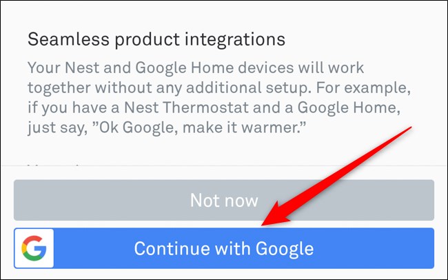 Nest App Select Continue com o Google