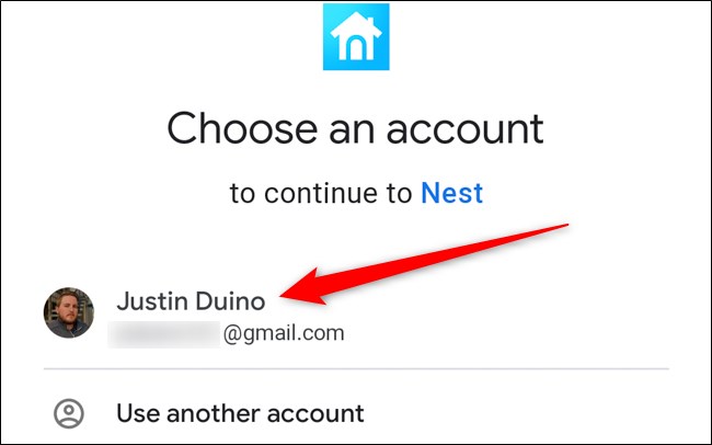 Nest App Selecione sua Conta do Google